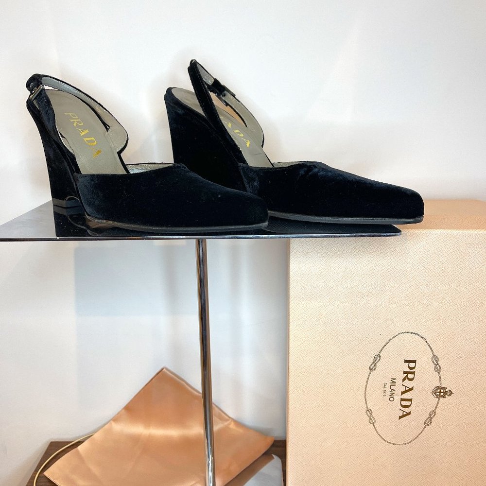 Prada Slingback Black Velvet Shoes - Size 36 1/2 NWT